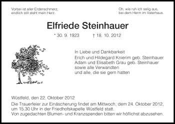 Traueranzeige von Elfriede Steinhauer von Hersfelder Zeitung